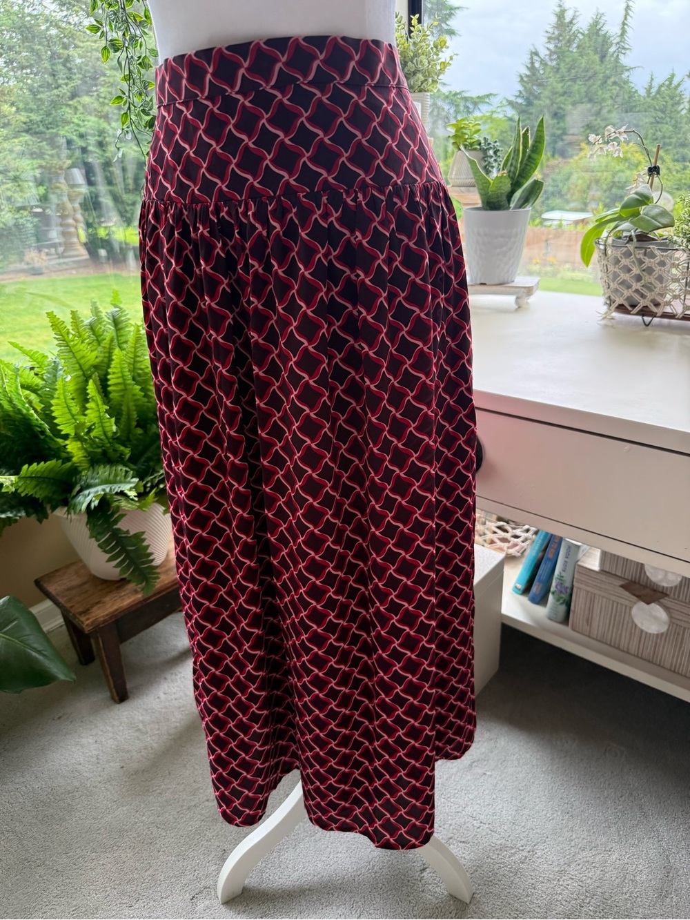 Geometric Print Midi Skirt in Burgundy & Berry